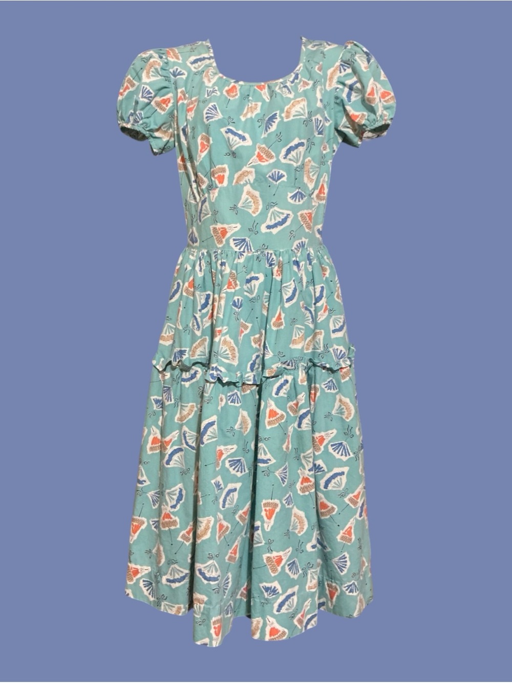 Vintage Handmade Novelty Fan Print Puff Sleeve Full Skirt Dress